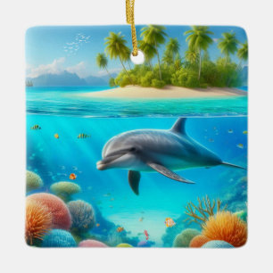 Tropisk/hawaii-färgad delfin under vatten julgransprydnad keramik