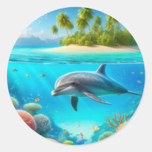 Tropisk/hawaii-färgad delfin under vatten runt klistermärke