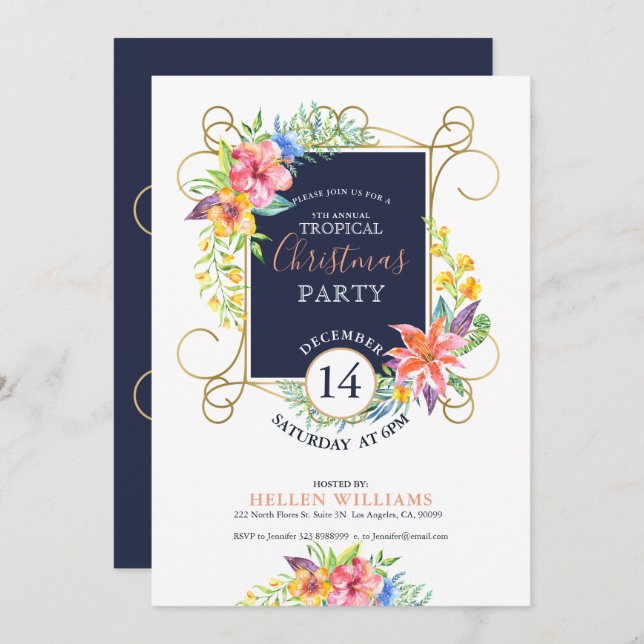 Tropisk Helgdag Cheers Flowers & Guld Ram Inbjudningar (Fram/baksida)