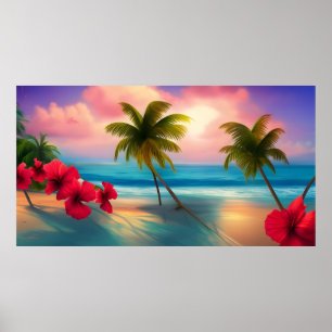 Tropisk hibiscus Beach månljushavsvatten handflata Poster