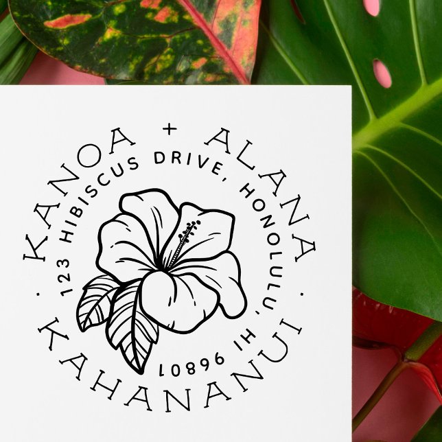 Tropisk Hibiscus Blommar par Returadress Självfärgande Stämpel (Skapare uppladdad)
