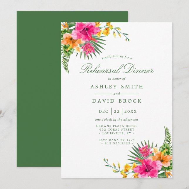 Tropisk Hibiscus Blommigt Handflatan Rehearsal Mid Inbjudningar (Fram/baksida)