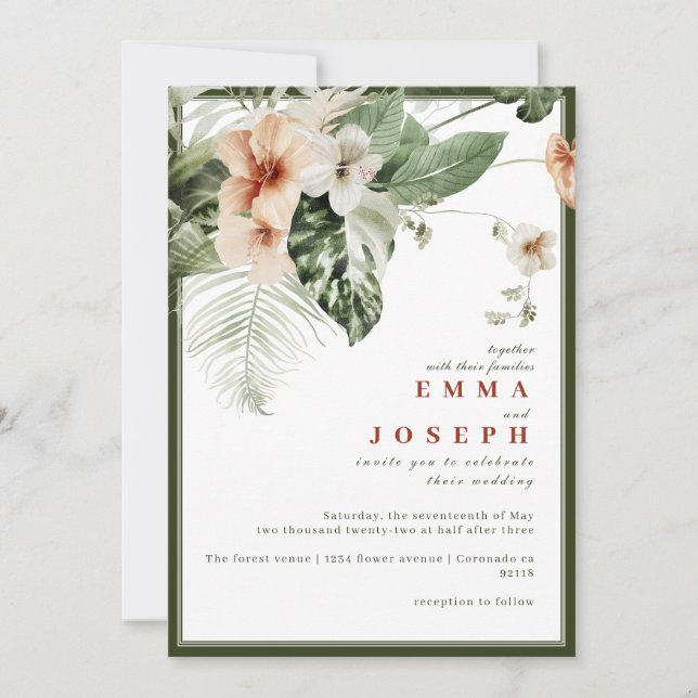Tropisk hibiscus boho pastel blommigt Bröllop Inbjudningar (Framsida)