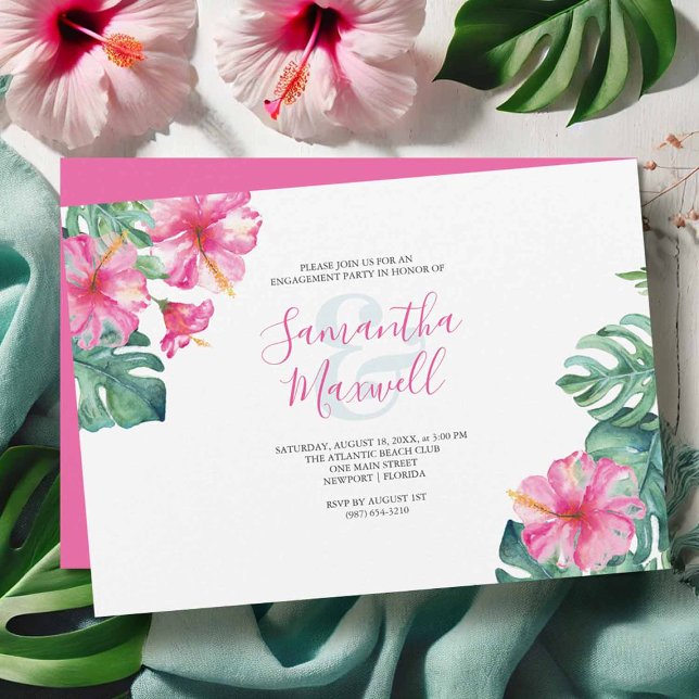Tropisk Hibiscus Flower Förlovningsfest (Flat lay of a tropical hibiscus flower engagement party invitation )