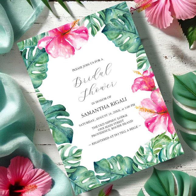 Tropisk Hibiscus Flower Möhippa Inbjudningar (Bridal shower invitations tropical pink hibiscus flower monstera palm leaves garden Vic Grigaliunas)