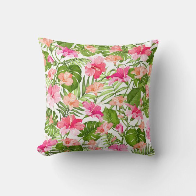 Tropisk hibiscus handflatan monstera mönster kudde (Framsida)