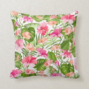 Tropisk hibiscus handflatan monstera mönster kudde
