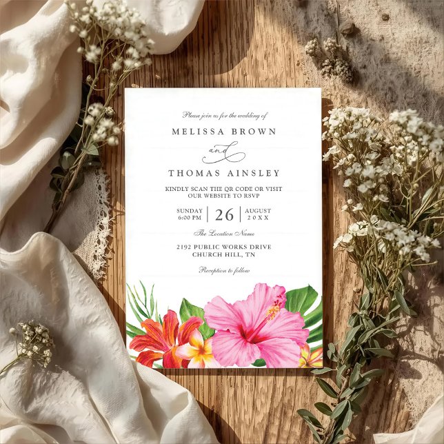 Tropisk Hibiskus Blommig Elegant QR-kod Bröllop Inbjudningar (Skapare uppladdad)