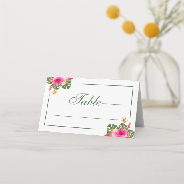 Tropisk Hibiskus Blommig Palmblad Bröllop  Placeringskort (Framsida)