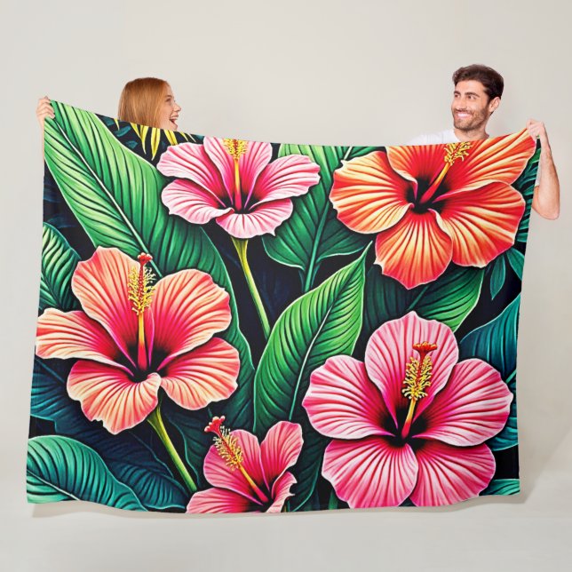 Tropisk Hibiskus Blomsterkonst Fleecefilt (På plats)