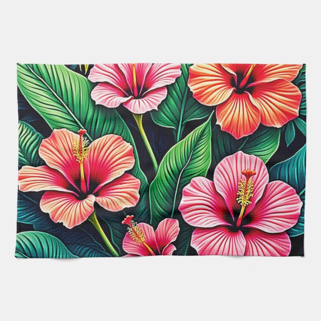 Tropisk Hibiskus Blomsterkonst Kökshandduk (Horisontell)