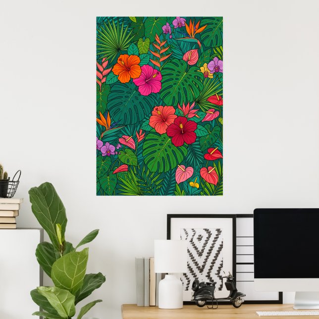 Tropisk Hibiskus Botanisk Djungelblad Affisch (Hemmakontoret)