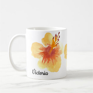 Tropisk Hibiskus Handvatten Vattenfärg Mamma Namn Kaffemugg
