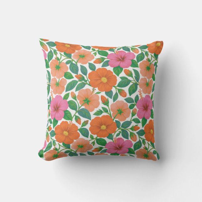 Tropisk Hibiskus i Rosa, Persika och Orange Kudde (Framsida)
