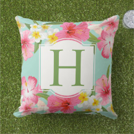 Tropisk Hibiskus Monogram Aqua Blommig Kudde