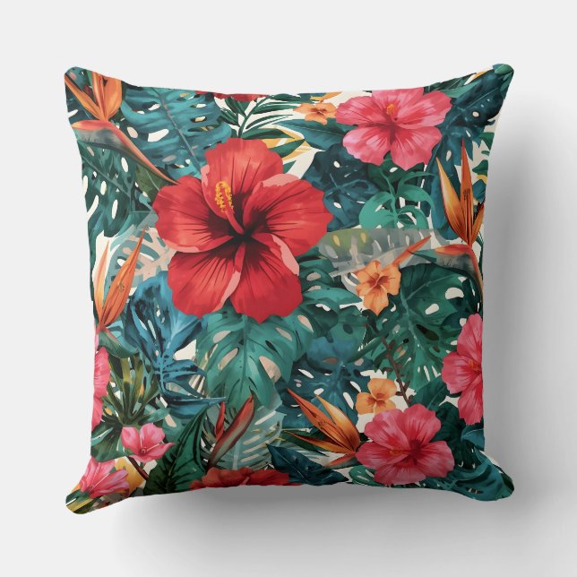 Tropisk Hibiskus & Monstera Blad Kastkudde | Kudde (Baksida)