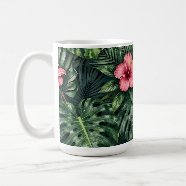 Tropisk Hibiskus Monstera Djungel Mönster Kaffemugg (Vänster)