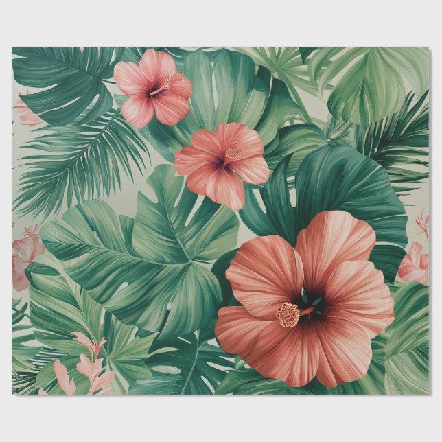 Tropisk Hibiskus & Monstera Presentpapper (Platt)