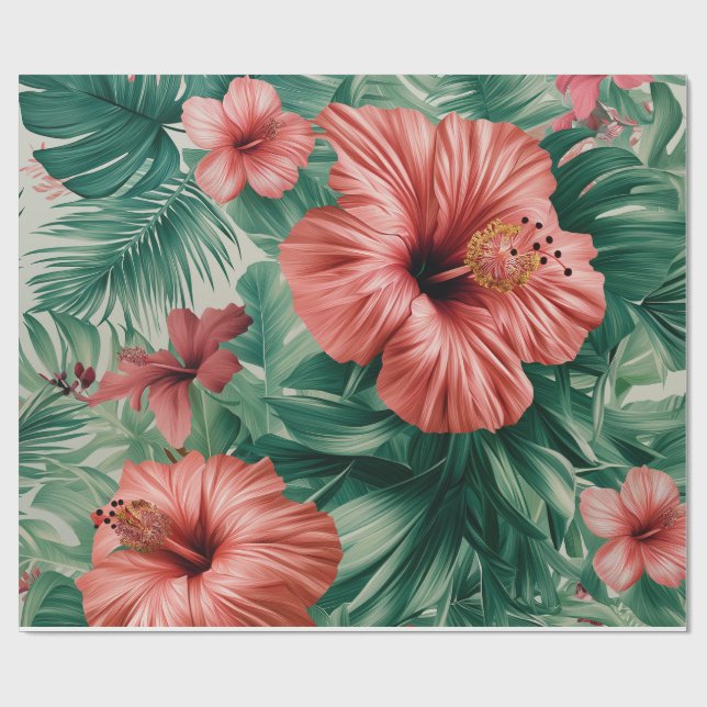 Tropisk Hibiskus & Monstera Presentpapper (Platt)