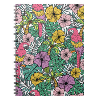 Tropisk hibiskus, palm, papegojor mönster. anteckningsbok