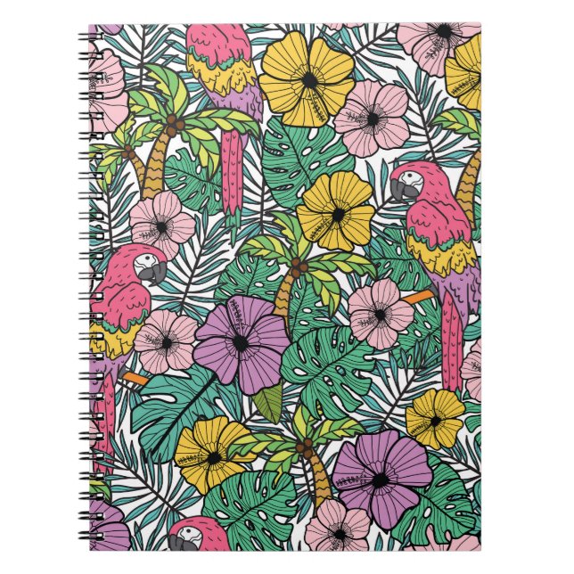Tropisk hibiskus, palm, papegojor mönster. anteckningsbok (Framsidan)