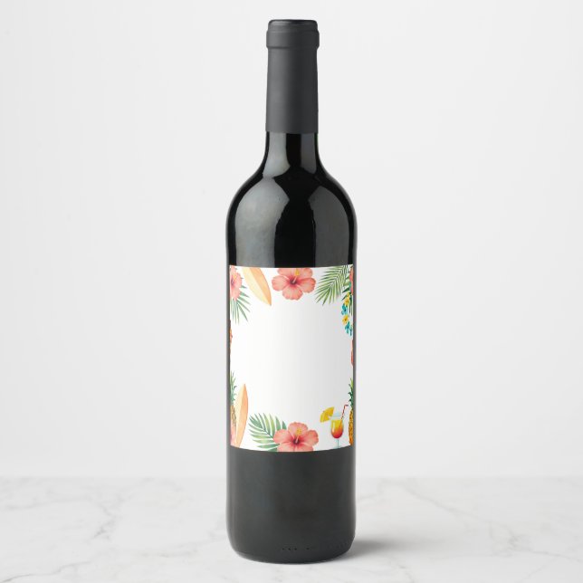 Tropisk Hibiskus Ram Aloha Vågor Vinflaska Etikett (Framsida)