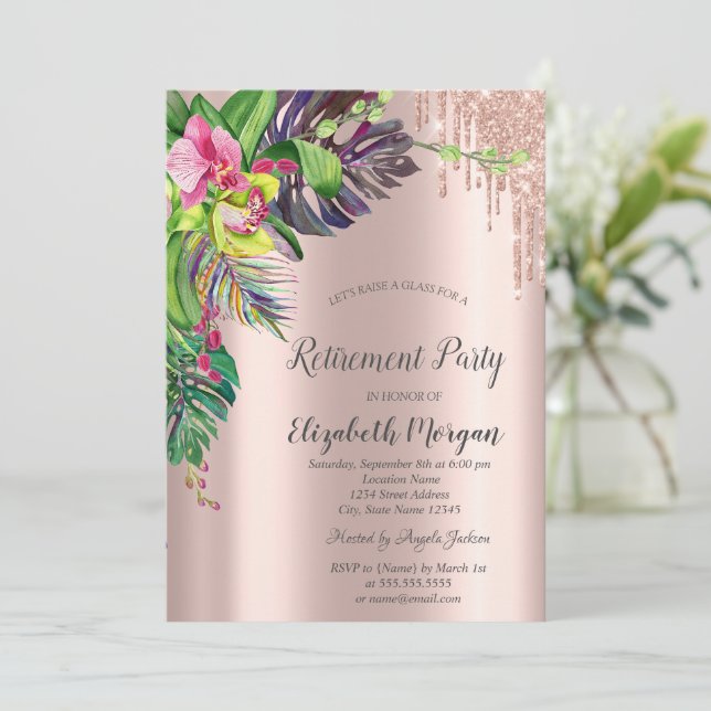 Tropisk Hibiskus Rose Gold Drips Pensionering Inbjudningar (Stående Fram)