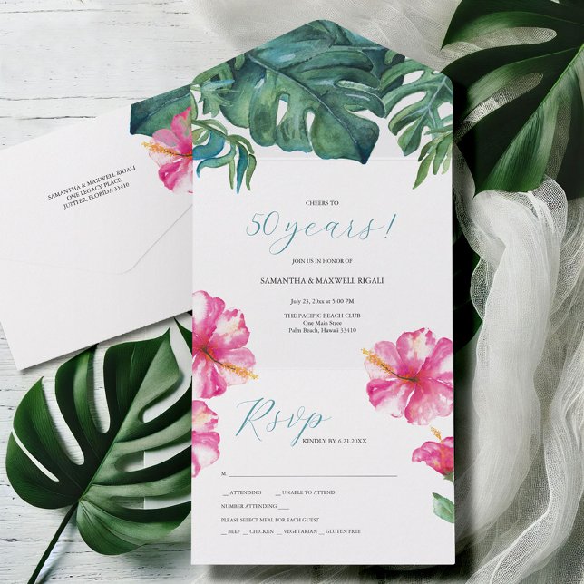 Tropisk Hibiskusblomma 50-års Bröllopsjubileum (50th wedding anniversary invitations with rsvp tropical watercolor floral by Victoria Grigaliunas)