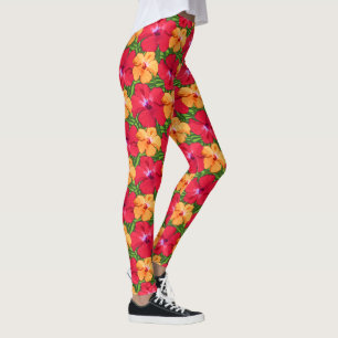 Tropisk hibiskusblommönster i rött och orange leggings