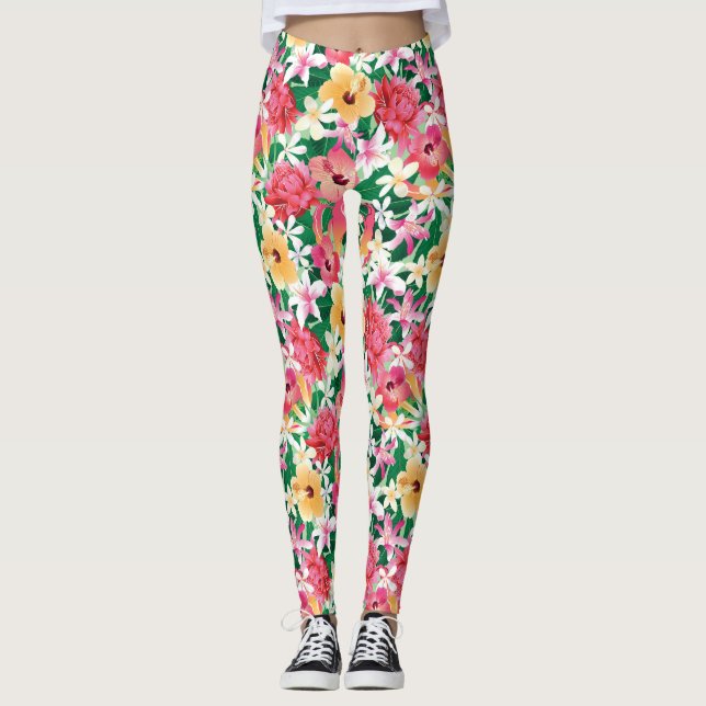 Tropisk hibiskusblommönster leggings (Framsida)