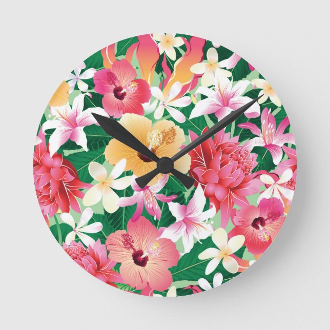 Tropisk hibiskusblommönster rund klocka (Framsida)