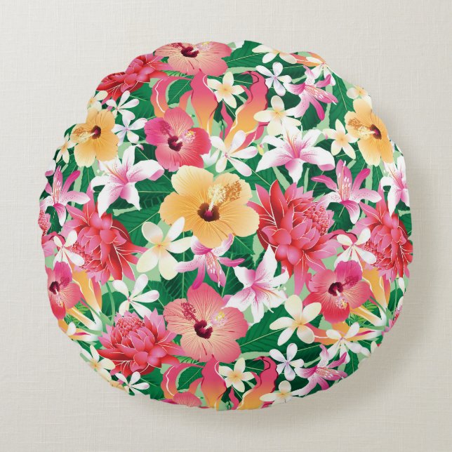 Tropisk hibiskusblommönster rund kudde (Framsidan)