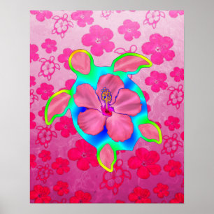 Tropisk Honu sköldpadda och hibiskus Poster