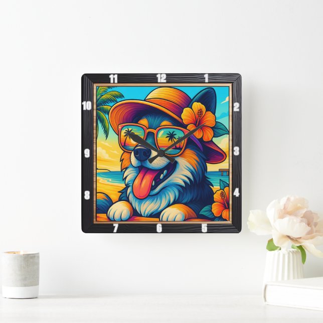 Tropisk Hund Sunglass-Tecknad Fyrkantig Klocka (Hem)