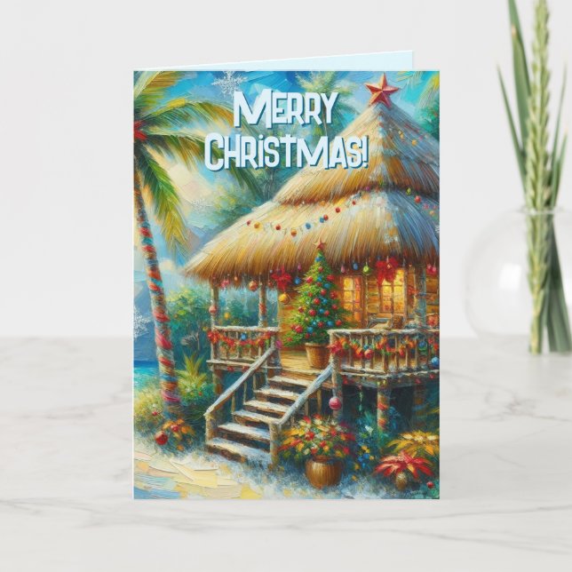 Tropisk Hydda Jul Palmtrappa Strandljus  Helgkort (Framsida)