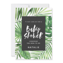 Tropisk inbjudan till babydusch i löv och manuset 