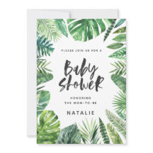 Tropisk inbjudan till babydusch i löv och manuset 