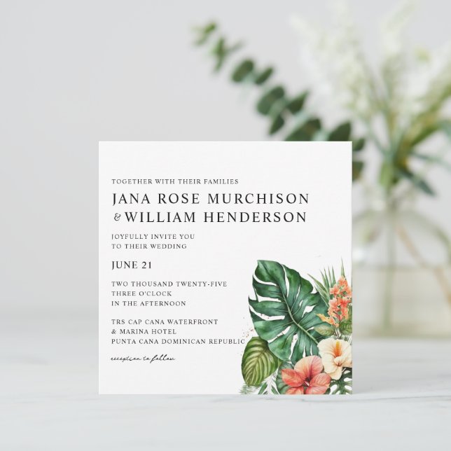 Tropisk inbjudan till Hibiscus Watercolor Wedding (Stående Fram)