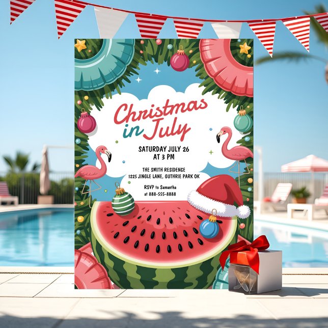 Tropisk jul i juli Poolparty Flamingo Inbjudningar (Tropical Christmas in July invite with flamingos, watermelon & pool vibes in coral and aqua.)