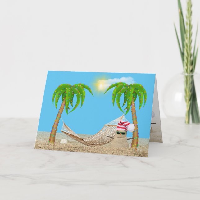 Tropisk jul med sandman och hammock helgkort (Framsida)