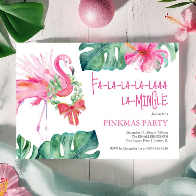 Tropisk jul Party Watercolor Flamingo Inbjudningar (Christmas invitations watercolor pink flamingo tropical art by Victoria Grigaliunas Do Tell A Belle)