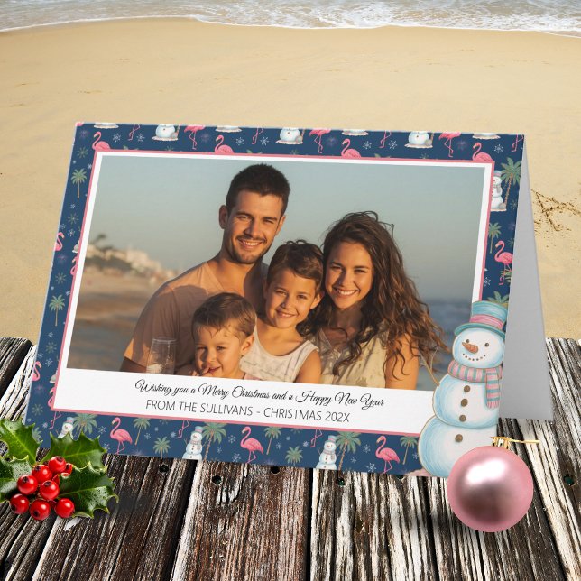 Tropisk jul rosa flamingo & palmer foto helgkort (Pink Tropical Christmas Photo Holiday Card)