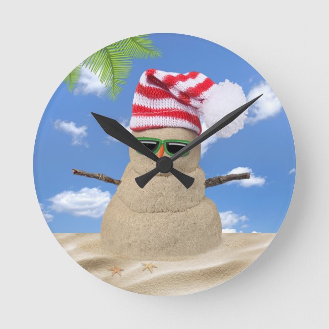 Tropisk jul sand snöman rund klocka (Framsida)