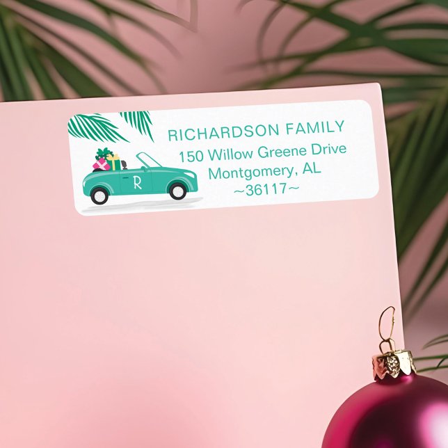Tropisk julblåfärgad julblåfärgad julblått Handfla Returadress Etikett (Tropical Palm Tree Christmas Teal Blue Convertible Label)