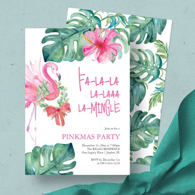 Tropisk Julfest Vatercolor Flamingo Inbjudningar (Christmas invitation with watercolor pink flamingo and palm leaf art by Victoria Grigaliunas pinkmas)