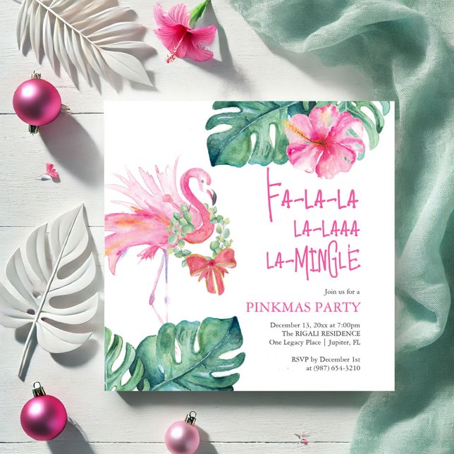 Tropisk Julfest Vatercolor Flamingo Inbjudningar (Tropical pink flamingo Christmas invitation watercolor art by Victoria Grigaliunas Do Tell A Belle)
