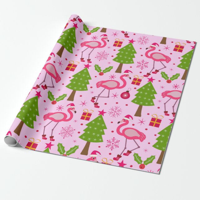 Tropisk julflamingo med tall på rosa presentpapper (Utrullad)