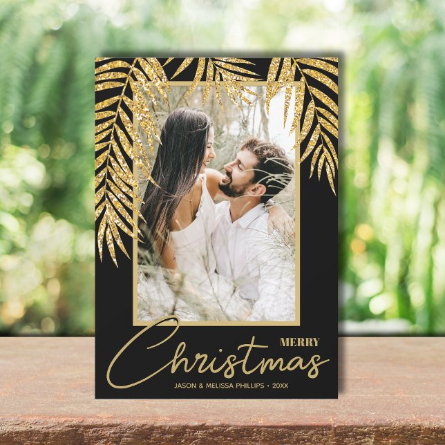 Tropisk julfoto julkort (Gold faux glitter palm fronds Christmas photo holiday Cards, PRINTED and/or INSTANT DOWNLOAD)