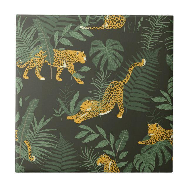 Tropisk Jungle Mönster med Jaguar handflatan löv Kakelplatta (Framsidan)
