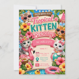 Tropisk Kattunge Födelsedag - Poolparty Inbjudningar